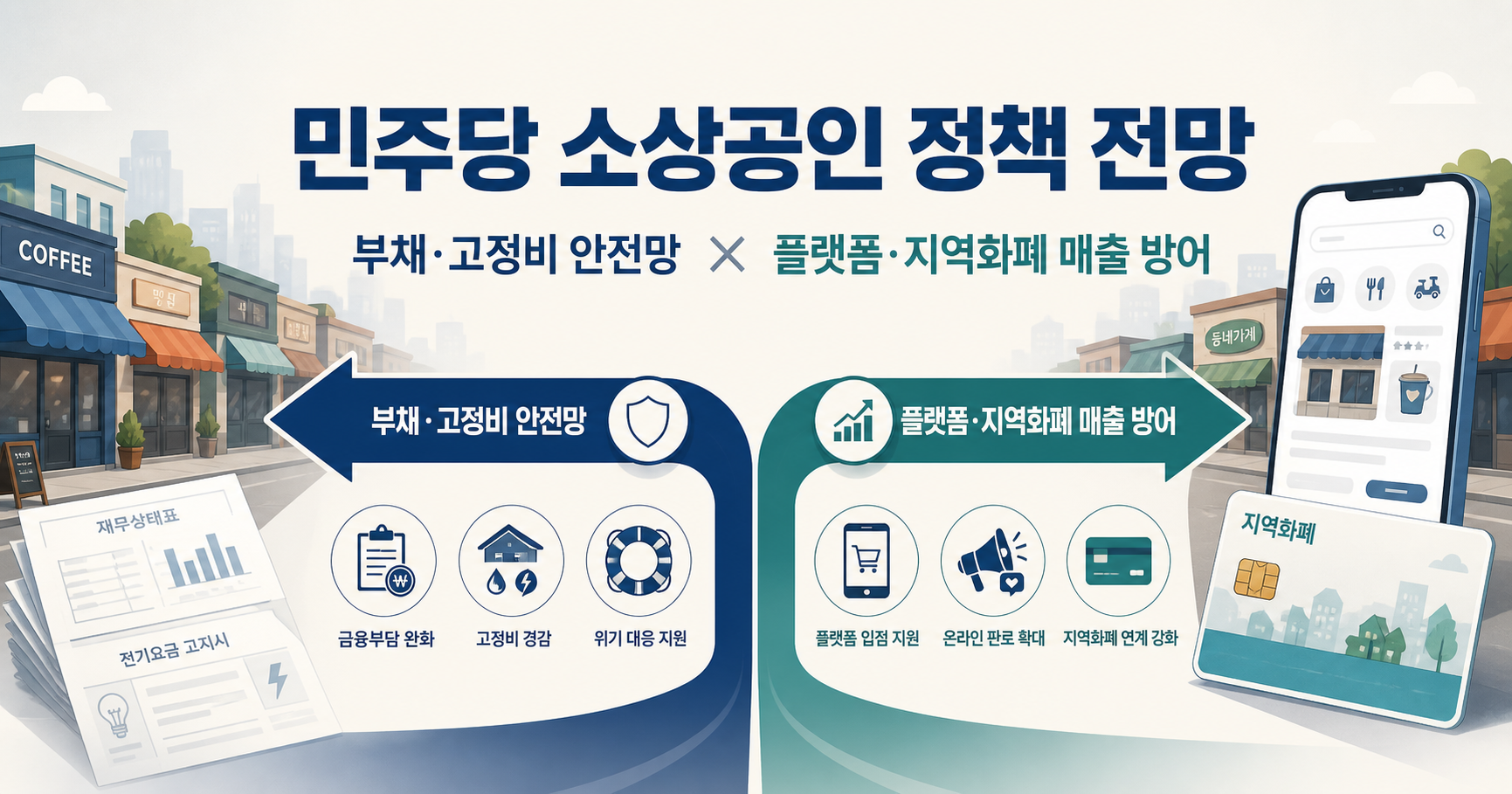 민주당 소상공인 정책 전망: 부채·고정비 안전망과 플랫폼·지역화폐 투트랙