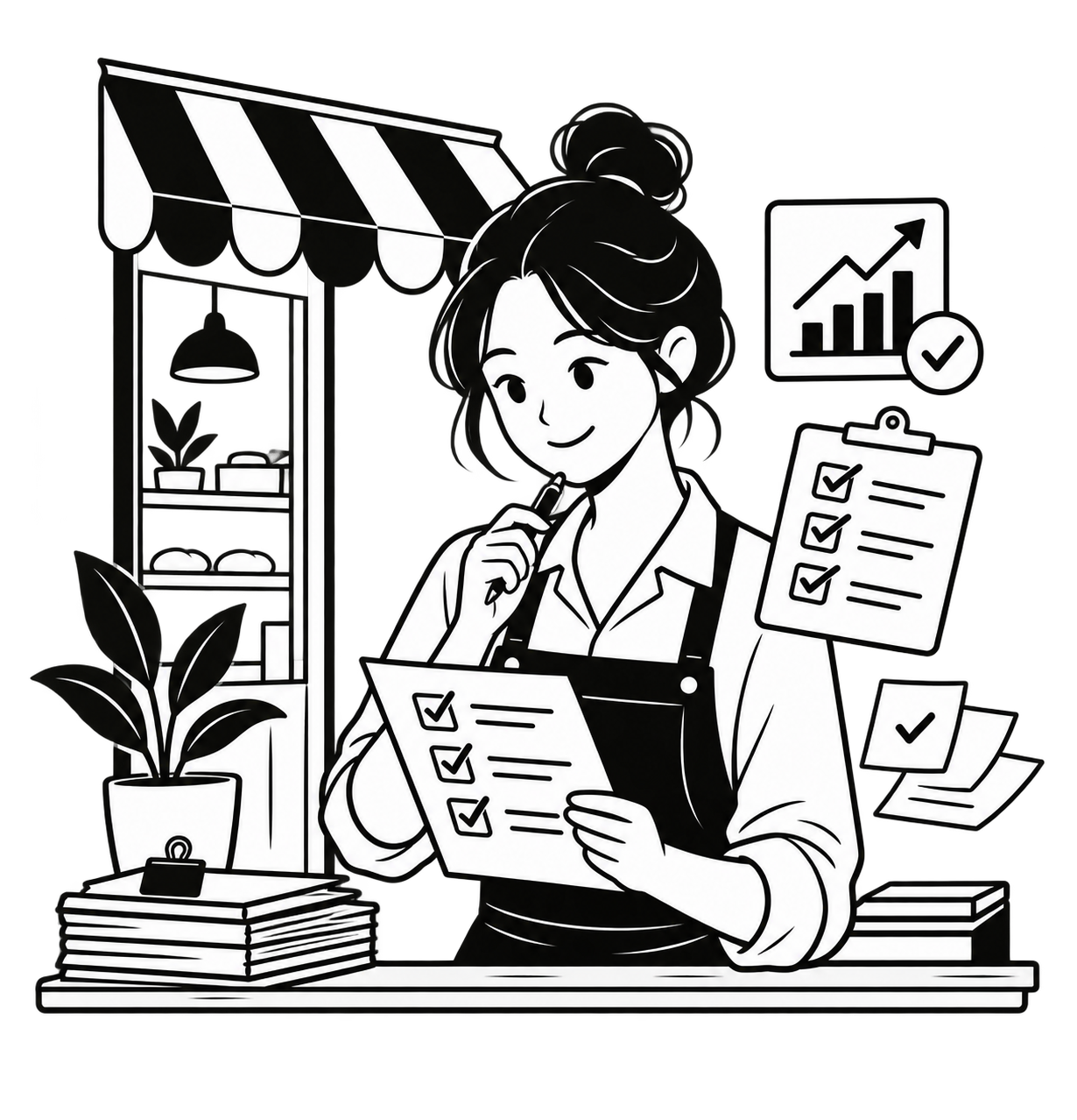 소상공인 정책 정보를 확인하는 사장님 흑백 일러스트